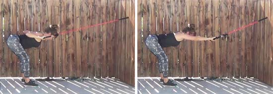 Personal trainer performing bent over lat pull down with resistance band