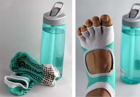 zenpaws toe-less yoga socks with a water bottle