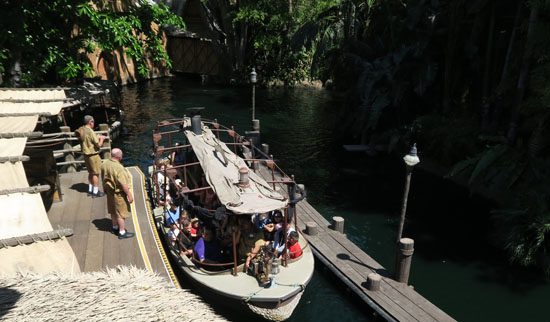 overhead view of a Jungle cruise boat at Disneyland