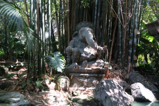 Ganesh and buddha statues along the  Jungle cruise ride experience at Disneyland