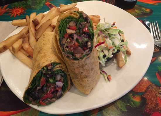 Portabello wraps, vegan menu item at rainforest cafe in downtown disney