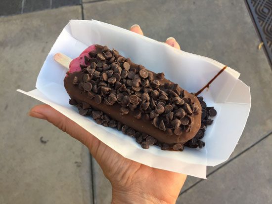 Chocolate covered Raspberry sorbet from Clarabelles ice cream shop Main St in California Adventure