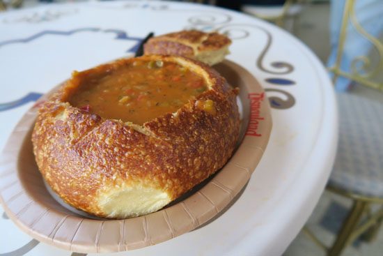 vegan gumbo in a bread bowl fro Royal Street Veranda in New Orleans Square, Disneyland