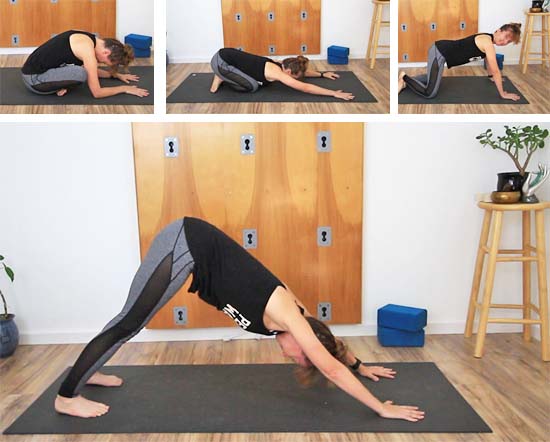 sukhasana transition to all fours and into downward facing dog.