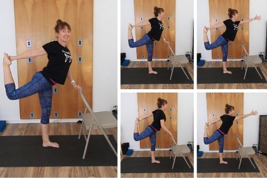 yoga teacher demonstrating darncers pose with a chair