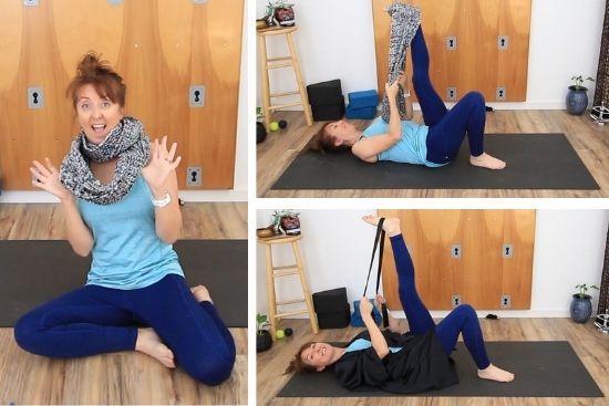 Yoga teacher showing how to use as clothing a yoga strap